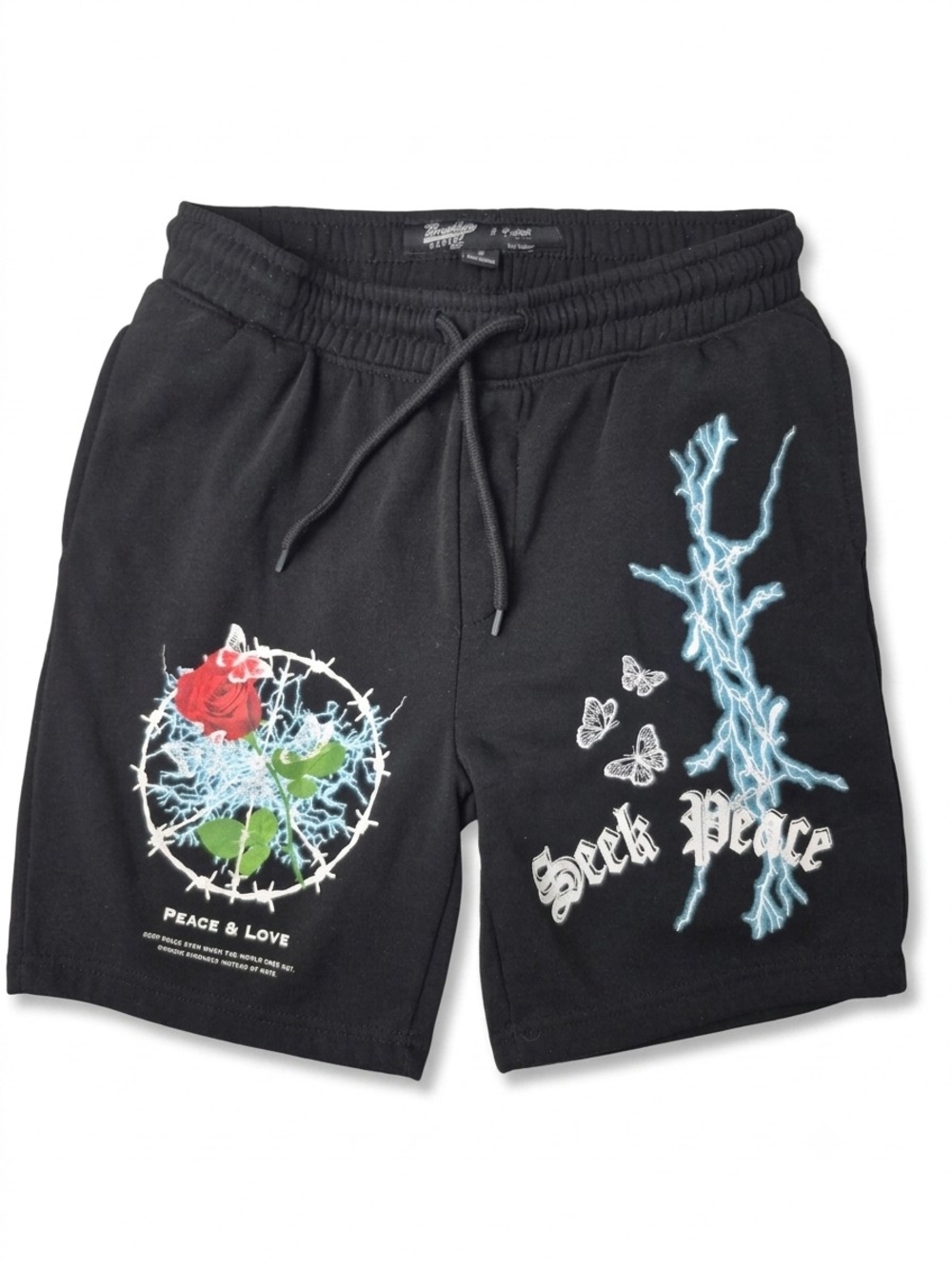 Brooklyn Cloth Black Men's Shorts with Red Rose & Blue Lightning Graphics